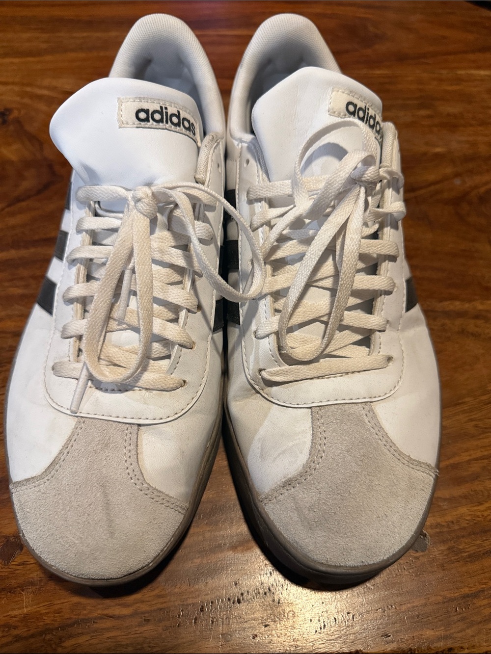 adidas White Sneakers with Black Stripes and Gray Suede Toe